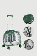 Load image into Gallery viewer, Transparent cat trolley case with green accents, featuring a space capsule design and multiple views showing its versatile use.
