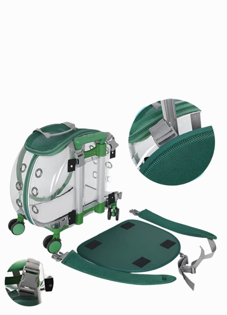 Transparent cat trolley case with green accents, featuring a space capsule design and modular parts for versatile pet transport.