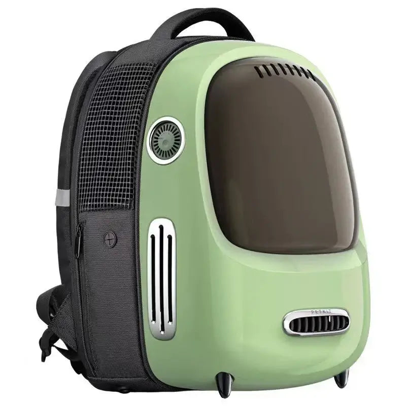 Stylish green pet travel backpack designed for comfort and safety during travels with your furry friend.