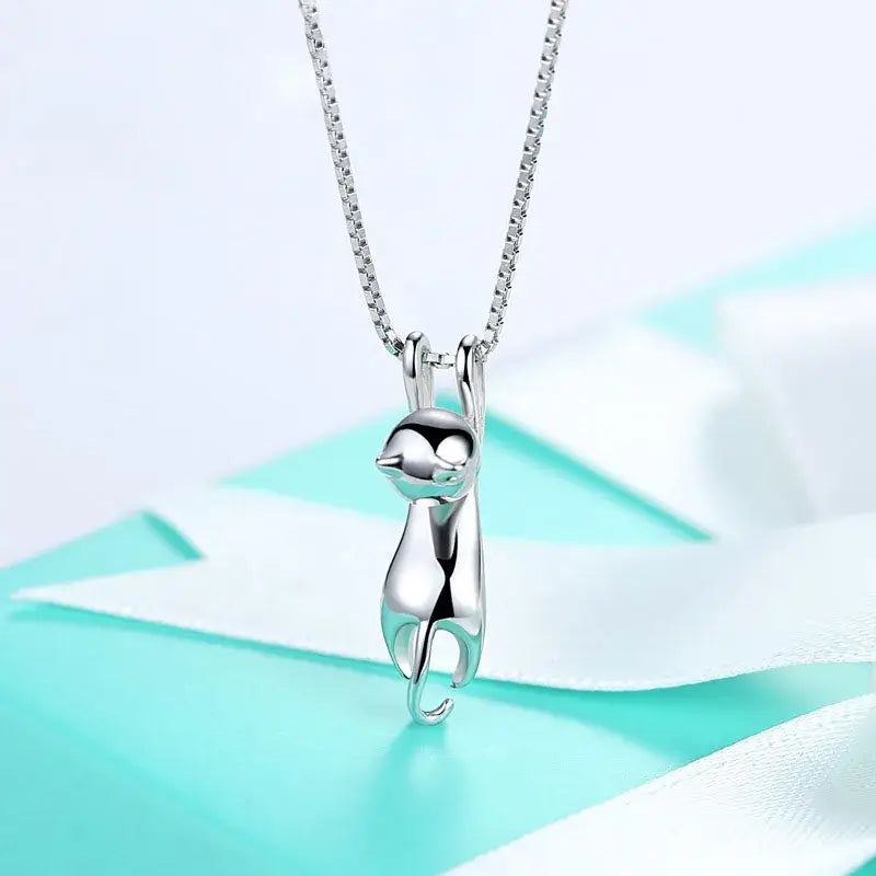 925 sterling silver cute cat pendant necklace on gift box - Bridal Jewelry elegant long chain necklace for cat lovers -Littlepawgive