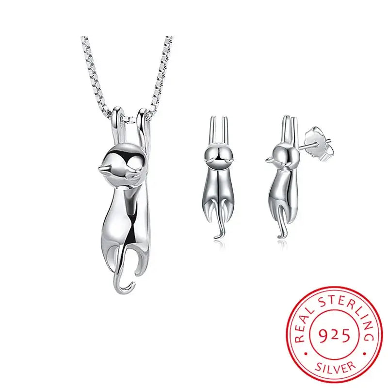 Sterling silver cute cat earrings and long chain necklace with cat pendant for weddings -Littlepawgive