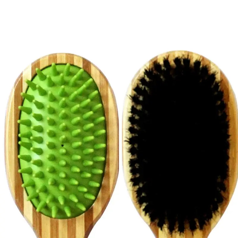 Bamboo double-sided pet grooming brush with a rubber and bristle side for effective grooming and deshedding.