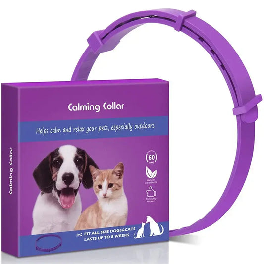 Calming collar for pets in purple packaging, designed for anxiety relief in cats and dogs, lasts up to 8 weeks.