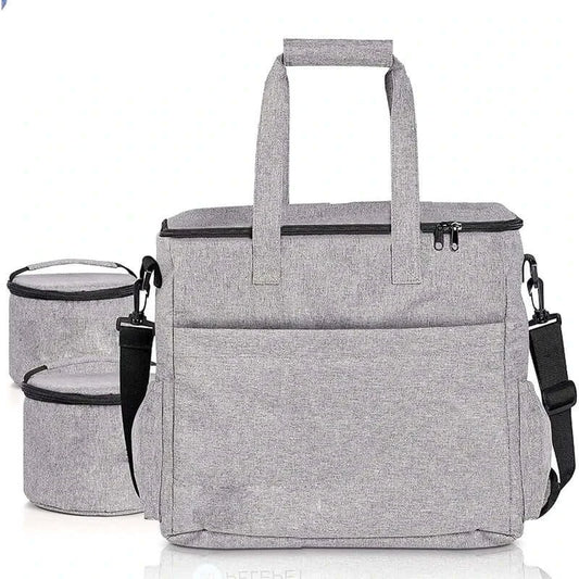 Gray pet travel bag with multiple pockets and detachable containers for organized traveling with pets.