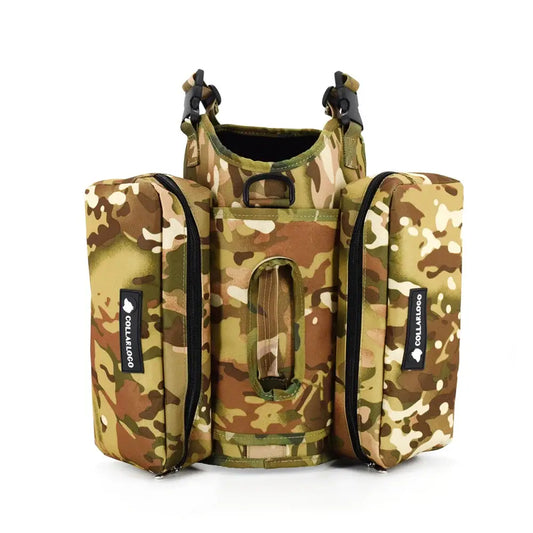 Adventure Dog Saddle Bag Backpack in camouflage, designed for outdoor dog exploration and carrying essentials.