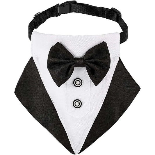 Elegant bow tie dog collar in tuxedo design, featuring adjustable strap for a comfortable fit on pets.