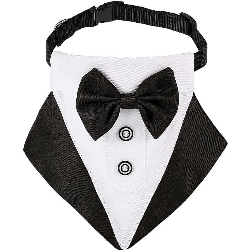 Elegant bow tie dog collar featuring tuxedo design with adjustable strap for stylish pet outfits.