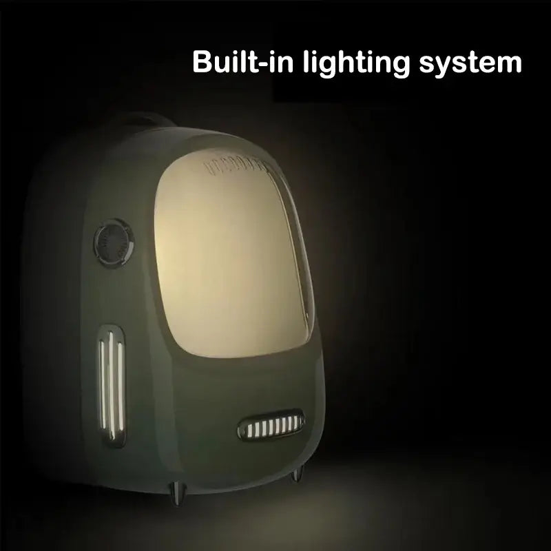 Pet travel backpack featuring a built-in lighting system for enhanced safety during journeys.