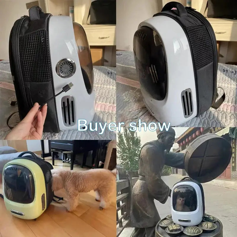 Stylish pet travel backpack in various colors, showcasing comfort and safety for furry friends during travel.