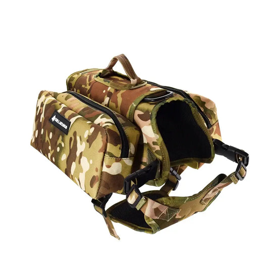 Adventure Dog Saddle Bag Backpack in camouflage design, ideal for outdoor exploration with dogs.