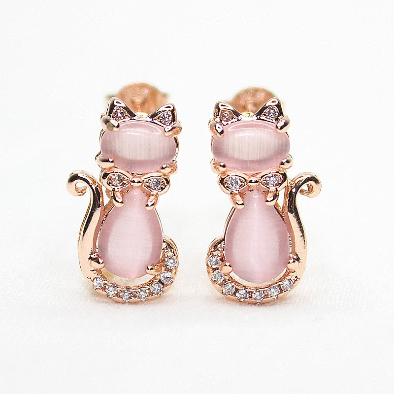 Cat-Shaped Rose Quartz Silver Earrings