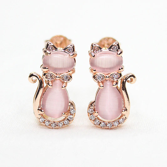 Cat-Shaped Rose Quartz Silver Earrings