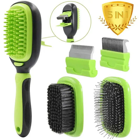 5-in-1 pet grooming kit for dogs and cats featuring dematting comb, deshedding tool, and various brushes in green and black.