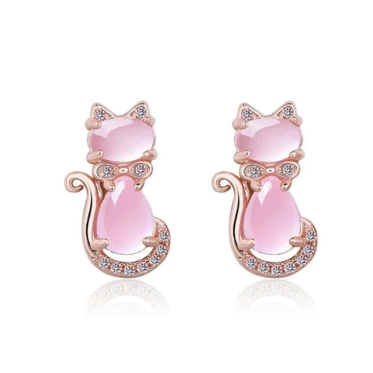 Cat-Shaped Rose Quartz Silver Earrings