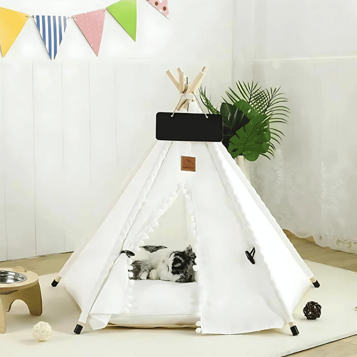 Littlepawgive Pet Teepee Tent indoor dog house and cat bed featuring a cozy design with a small dog resting inside, perfect for home decor.