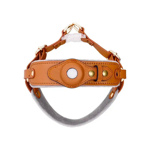 Anti-Lost dog harness in tan PU leather with Airtag holder for pet tracking and comfort.