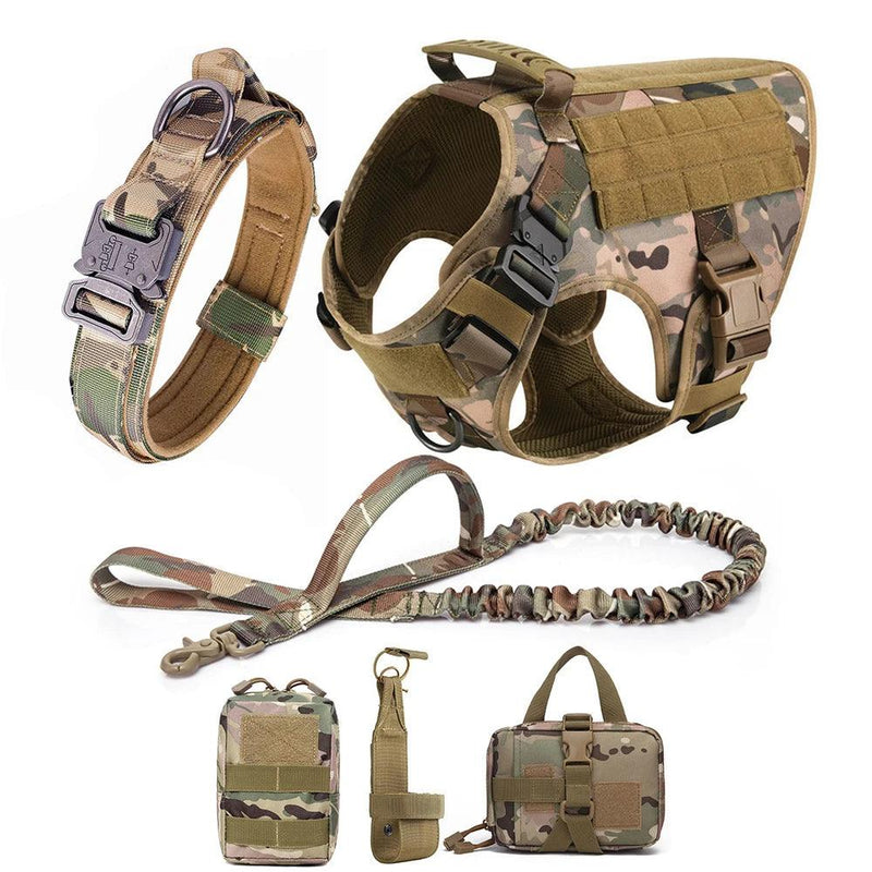 Tactial Dog Harness No Pull Set in camouflage design including harness leash collar and accessory bags for training service dogs - littlepawgive