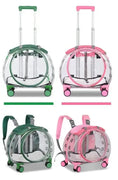 Load image into Gallery viewer, Transparent cat trolley case and backpack in green and pink, featuring a space capsule design and rolling wheels for easy pet transport.
