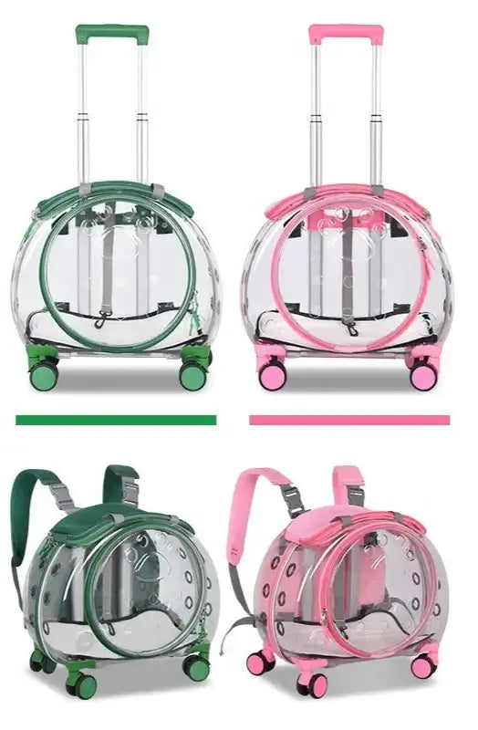 Transparent cat trolley case and backpack in green and pink, featuring a space capsule design and rolling wheels for easy pet transport.