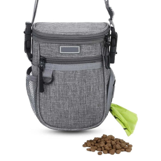 Waterproof dog treat bag with adjustable strap, zippered pockets, and a mesh side, perfect for pet walks.