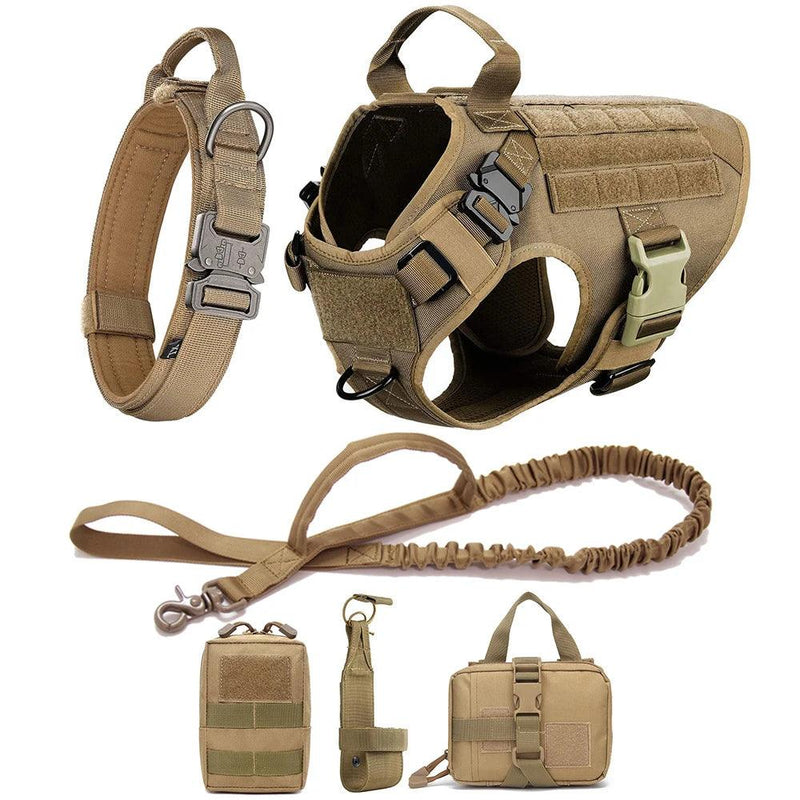 Tactical dog harness set including no-pull harness leash collar and pouches in durable khaki nylon for training and service dogs by littlepawgive