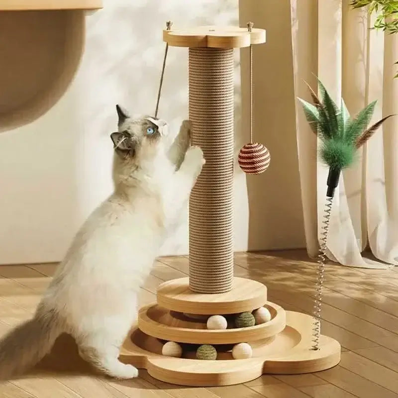 Cat climbing frame with sisal scratching post and interactive toys for playful and happy felines.