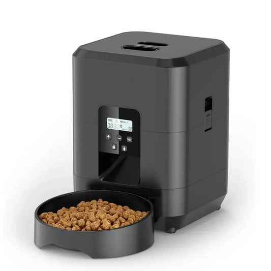 Smart pet feeder designed for cats and dogs, featuring a digital display and a bowl filled with pet food.