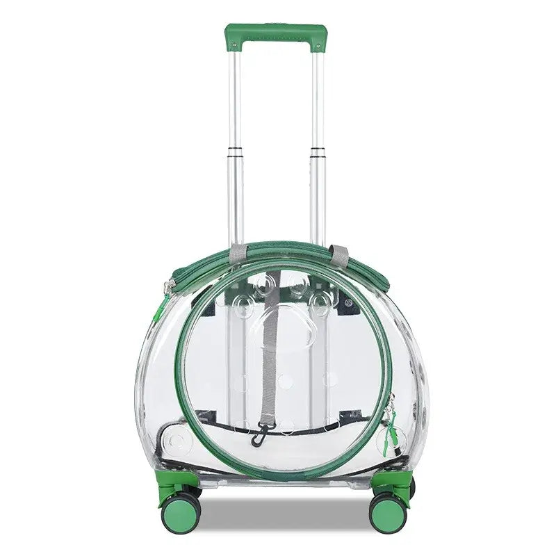 Transparent cat trolley case with green trim, featuring a space capsule design for pet travel.