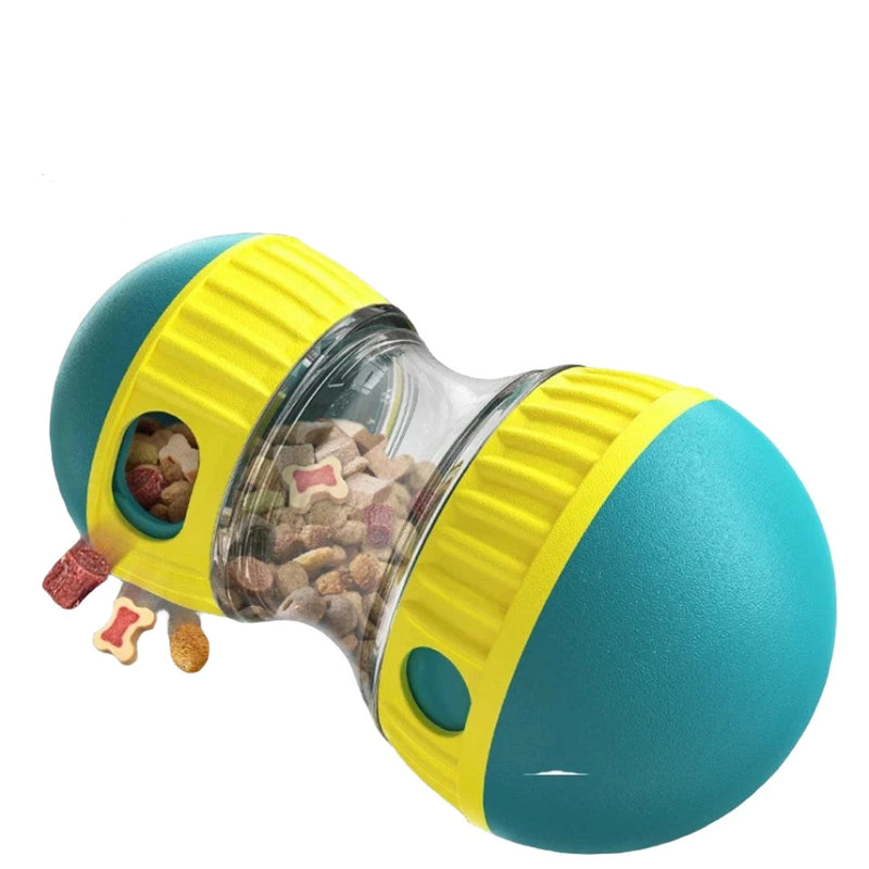 Food Ball Toy Tumbler by littlepawgive with elliptical track and leaky food ball mechanism for slow feeding and improved digestion