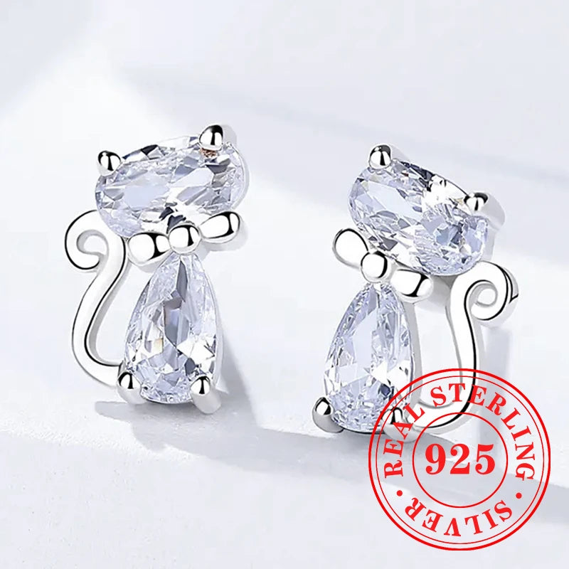 Charming 925 Silver Cat Earrings - Sparkling Elegance