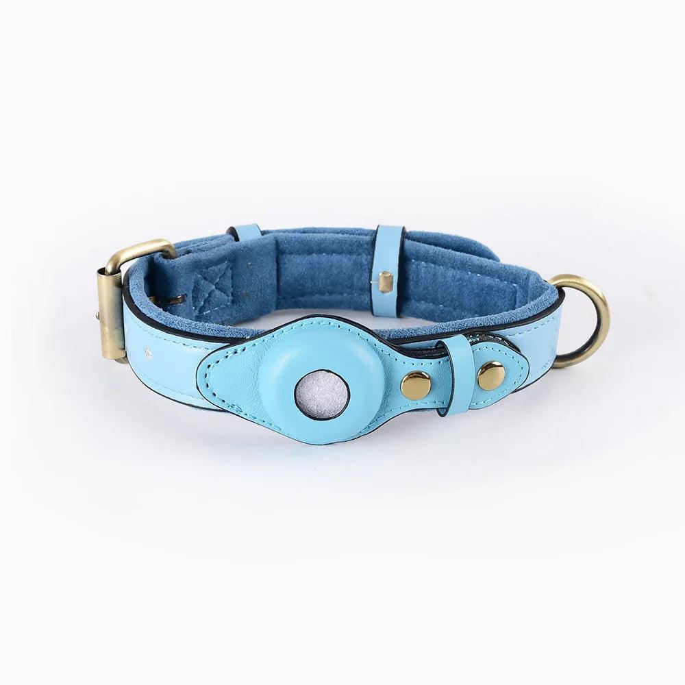 Heavy-duty leather dog collar with Airtag Holder in blue, providing ultimate pet safety and durability.