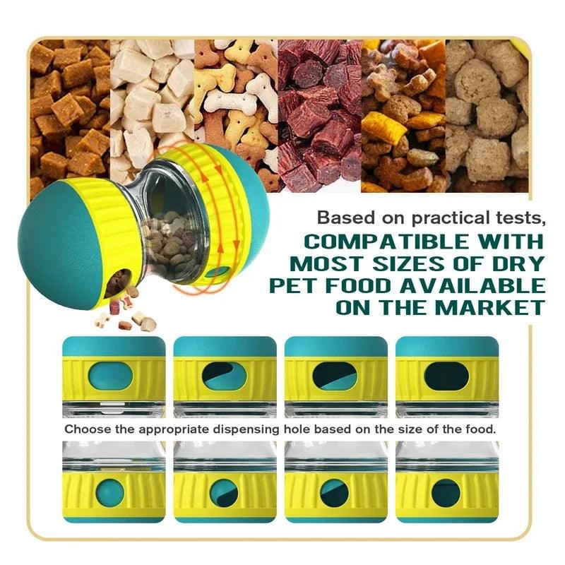 Food Ball Toy Tumbler with examples of compatible dry pet foods and adjustable dispensing holes - littlepawgive