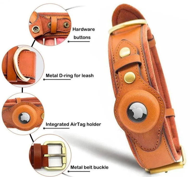 Heavy-duty leather dog collar with Airtag holder, metal D-ring for leash, metal belt buckle, and hardware buttons for ultimate pet safety and durability