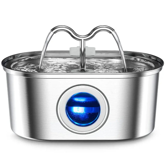 Stylish 3.2L stainless steel pet water fountain with flowing water and blue light for optimal hydration.