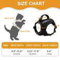 Load image into Gallery viewer, Size chart for Littlepawgive Cat Tactical Harness Vest with measurements for neck girth chest girth, and back length.
