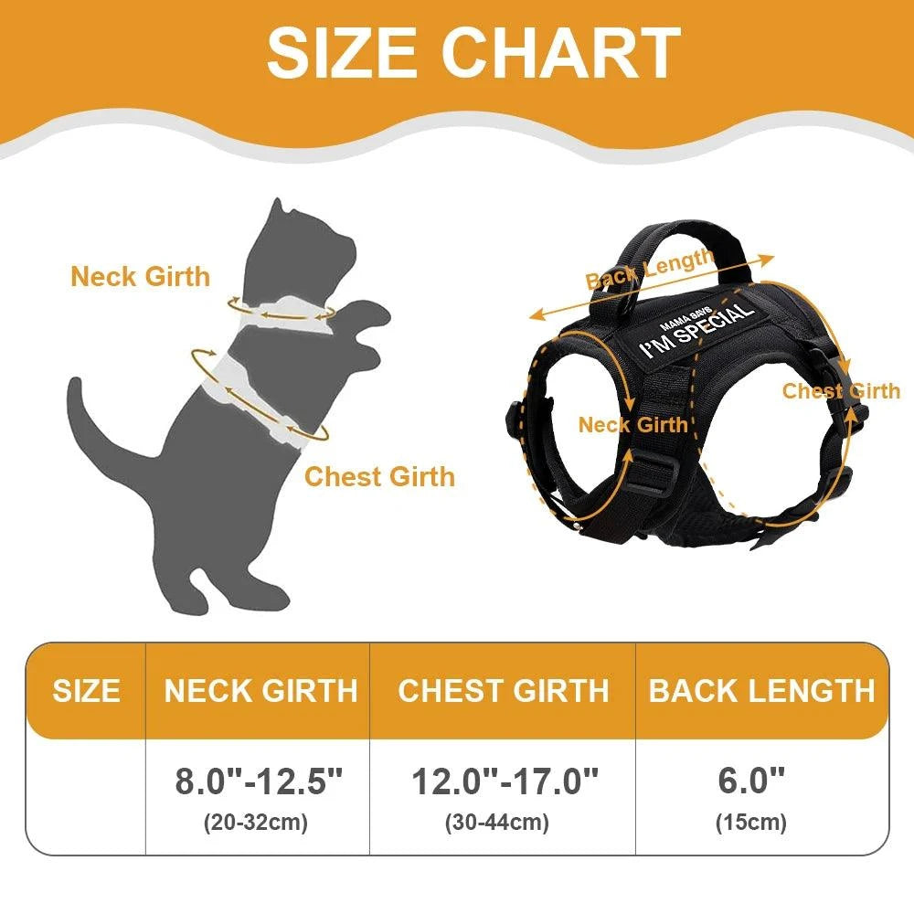 Size chart for Littlepawgive Cat Tactical Harness Vest with measurements for neck girth chest girth, and back length.