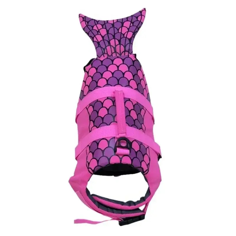 Pink mermaid design pet life jacket swimwear for dogs, ideal for summer water activities offering safety and style