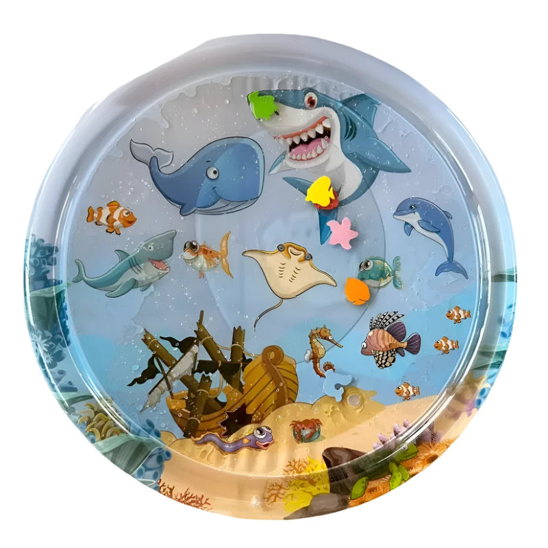 Colorful ocean-themed round water mat with marine animals for pet playtime.