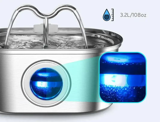 Close-up of the 3.2L stainless steel pet water fountain showcasing its blue light and water flow feature.