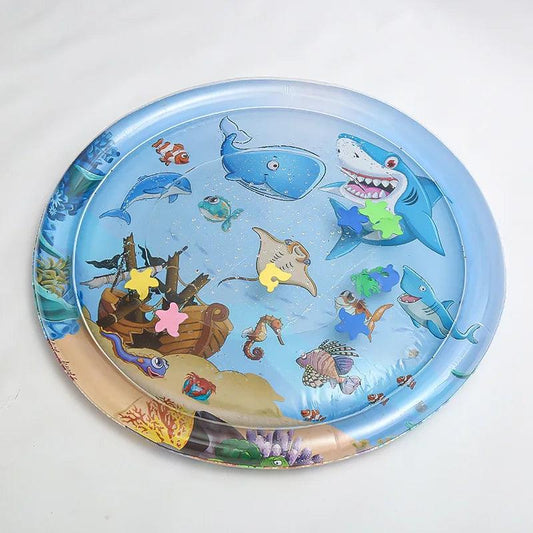 ocean-themed water play mat with colorful animal shapes