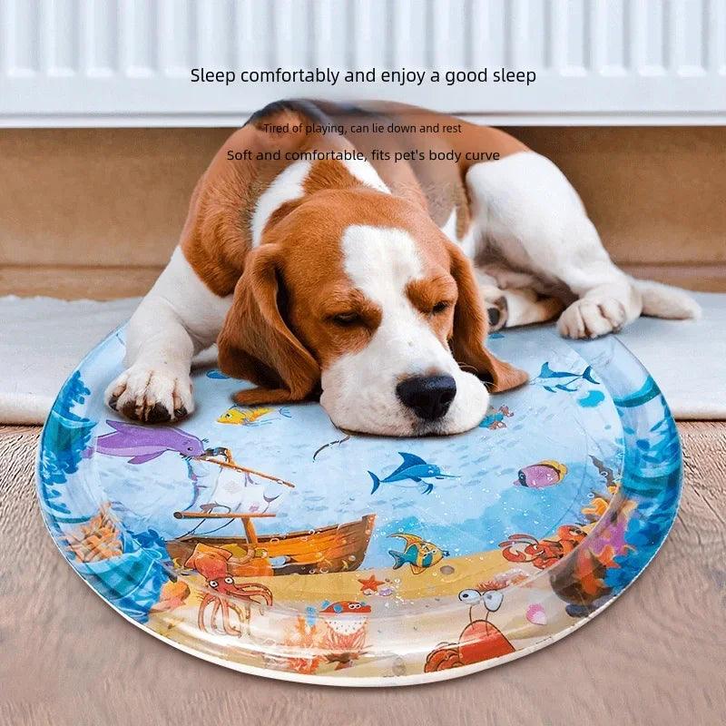 Beagle napping on colorful Summer Cooling Pet Water Bed from littlepawgive, staying cool and comfortable