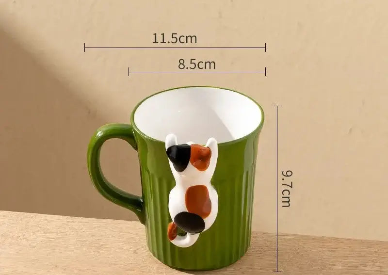 Cartoon cute cat ceramic mug in green with handle - Littlepawgive