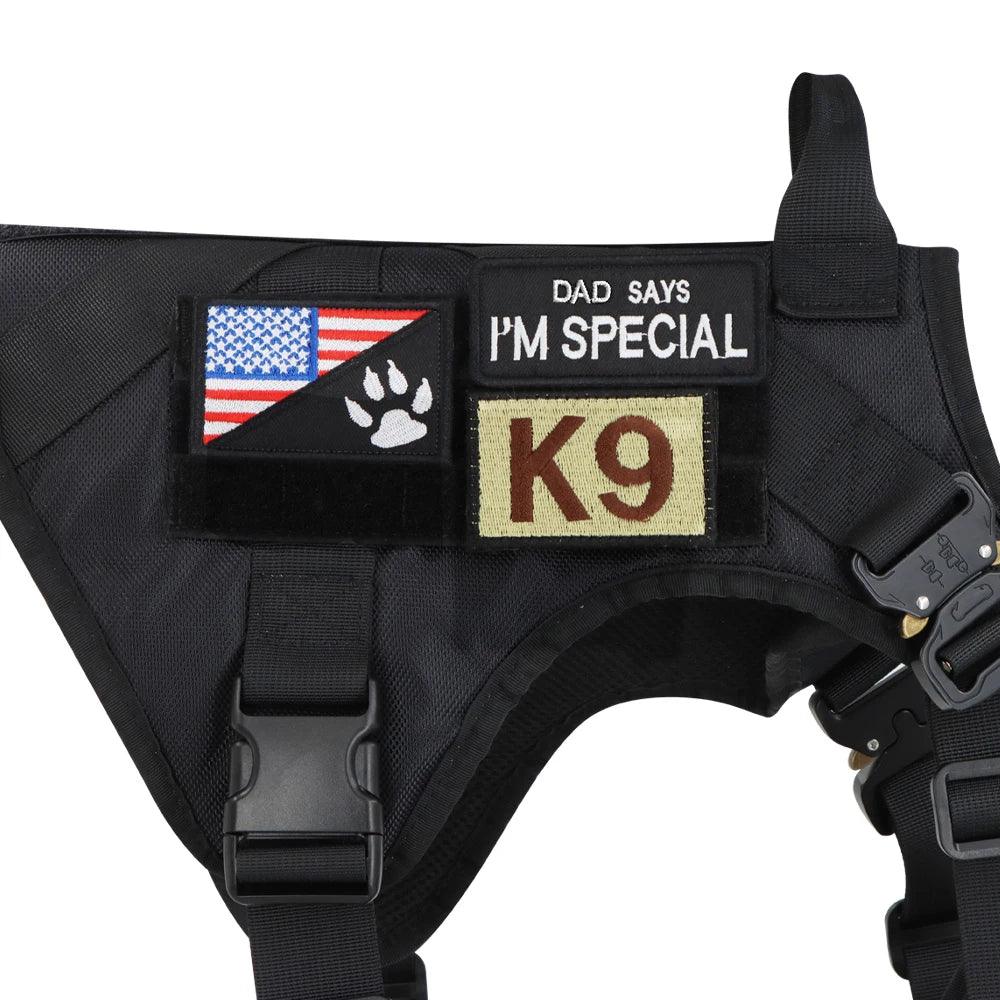 K9 Tactical Patch Bundle on dog vest with personalized patches including American flag and I'm Special with Littlepawgive branding