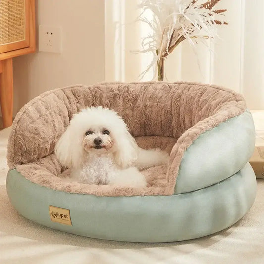 Adorable dog resting in a plush Comfort Four Seasons Pet Sofa Bed, showcasing ultimate comfort and cozy design.