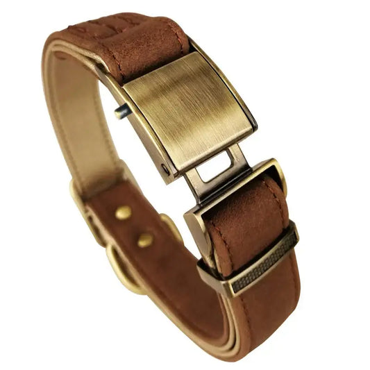 Luxury leather dog collar with heavy-duty clasp, designed for comfort and style in pet accessories.