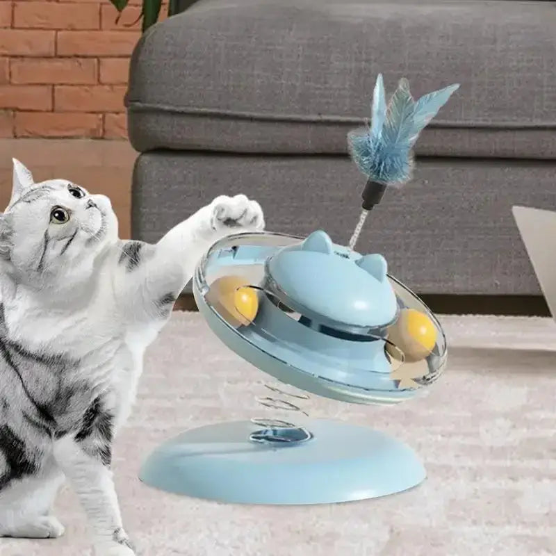 Interactive cat toy with spinning ball and feather for playful engagement and enrichment.