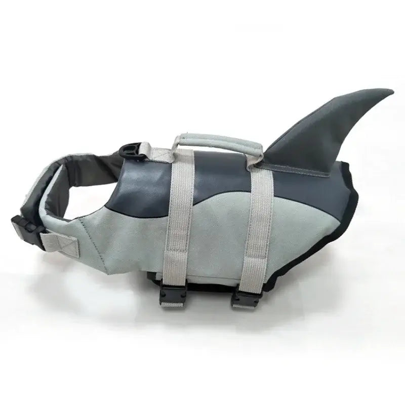 Stylish grey Pet Life Jacket Swimwear with shark fin design for dog safety during summer water adventures -Littlepawgive