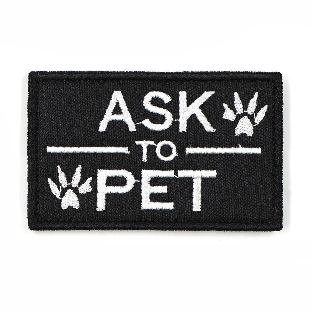 Black and white ASK TO PET patch for dog vest with paw prints - Littlepawgive