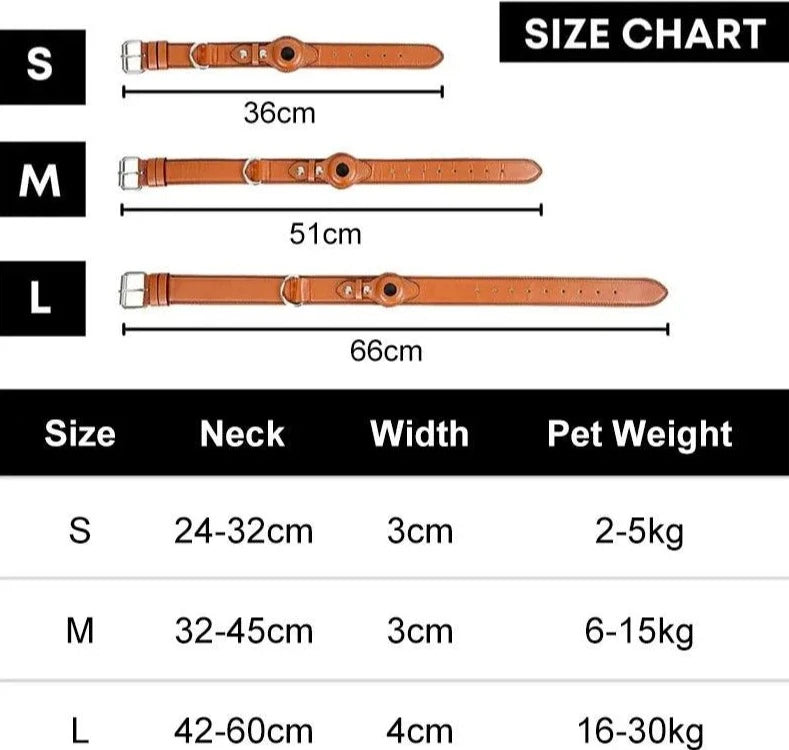 Size chart for Heavy-Duty Leather Dog Collar with Airtag Holder showing measurements and weight recommendations for S, M, and L sizes.