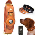 Load image into Gallery viewer, Heavy-duty leather dog collar with Airtag holder, displayed with a pet and a phone showing tracking app for ultimate pet safety.
